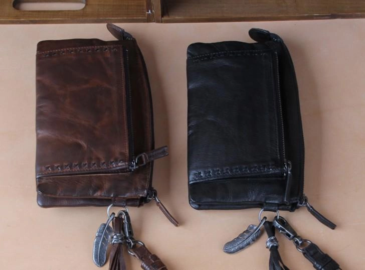Handmade Genuine Leather Mens Cool Long Leather Wallet Zipper Clutch Wristlet Wallet for Men