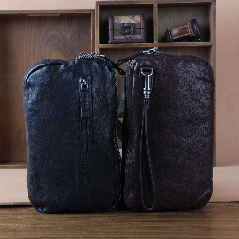 Handmade Genuine Leather Mens Cool Long Leather Wallet Zipper Clutch Wristlet Wallet for Men