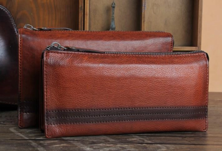Handmade Genuine Leather Mens Cool Long Wallet Wristlet Bifold Clutch Wallet for Men
