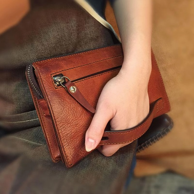 Handmade Genuine Leather Mens Cool Long Wallet Wristlet Bifold Clutch Wallet for Men