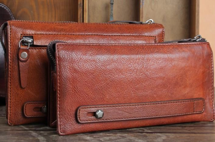 Handmade Genuine Leather Mens Cool Long Wallet Wristlet Bifold Clutch Wallet for Men