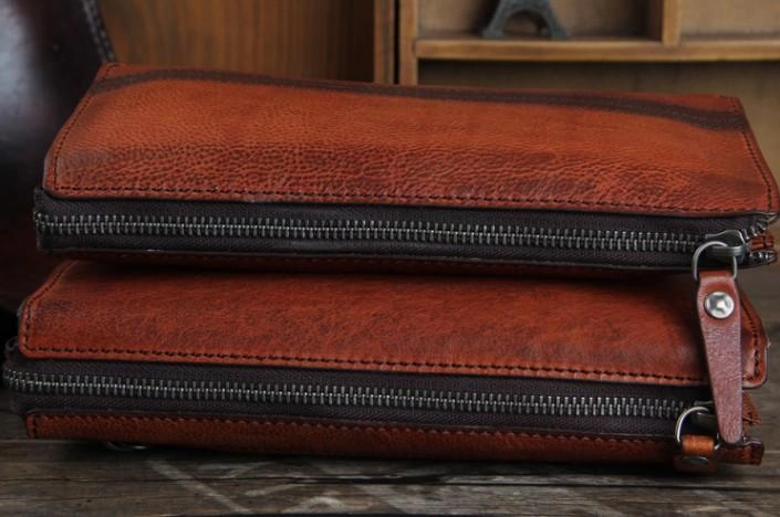 Handmade Genuine Leather Mens Cool Long Wallet Wristlet Bifold Clutch Wallet for Men