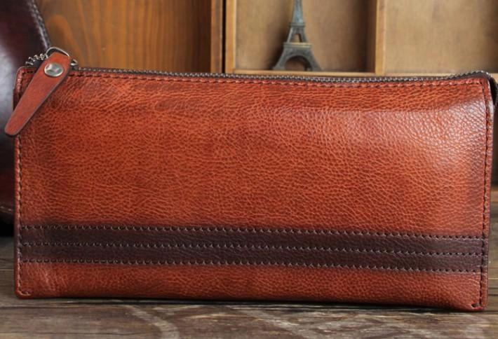 Handmade Genuine Leather Mens Cool Long Wallet Wristlet Bifold Clutch Wallet for Men