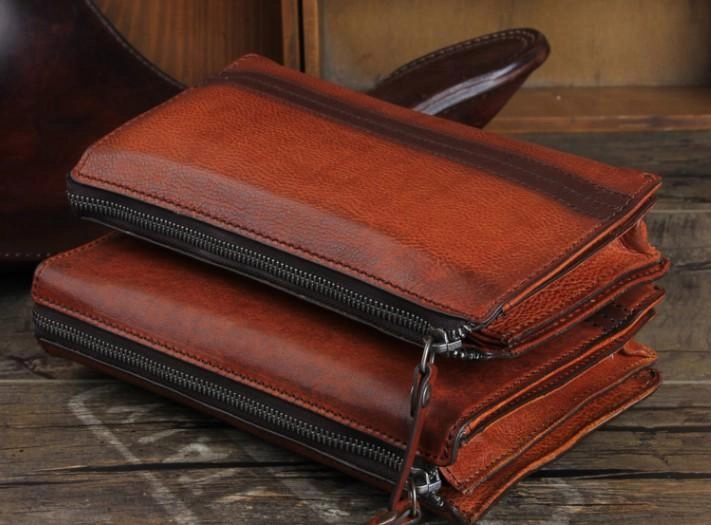 Handmade Genuine Leather Mens Cool Long Wallet Wristlet Bifold Clutch Wallet for Men