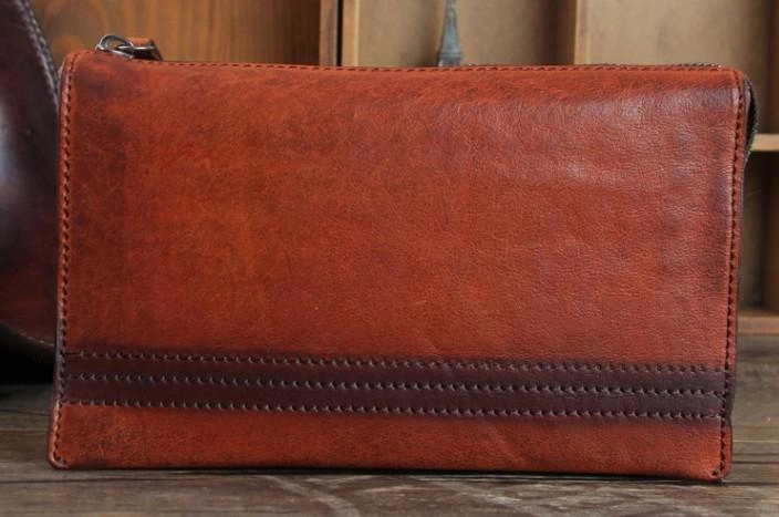 Handmade Genuine Leather Mens Cool Long Wallet Wristlet Bifold Clutch Wallet for Men