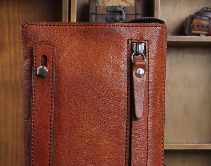 Handmade Genuine Leather Mens Cool Long Wallet Wristlet Bifold Clutch Wallet for Men