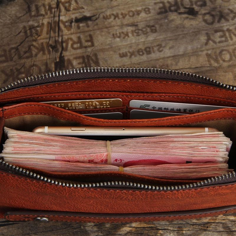 Handmade Genuine Leather Mens Cool Long Wallet Wristlet Bifold Clutch Wallet for Men