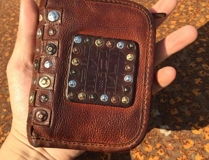 Handmade Genuine Rock Punk Leather Mens Cool Long Wallet Wristlet Bifold Clutch Wallet for Men