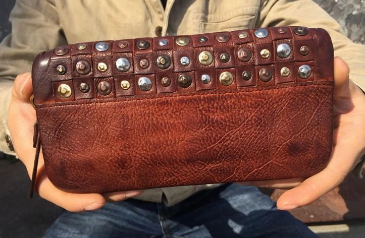 Handmade Genuine Rock Punk Leather Mens Cool Long Wallet Wristlet Bifold Clutch Wallet for Men