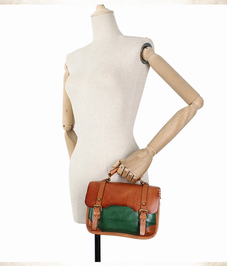 Handmade Green Leather Womens Satchel Shoulder Bag Small School Handbag Crossbody Purses for Ladies