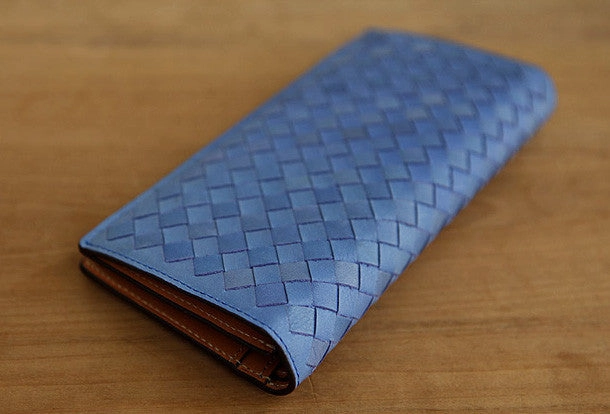 Handmade knit vintage leather clutch bag long wallet multi ID card holders slots for men