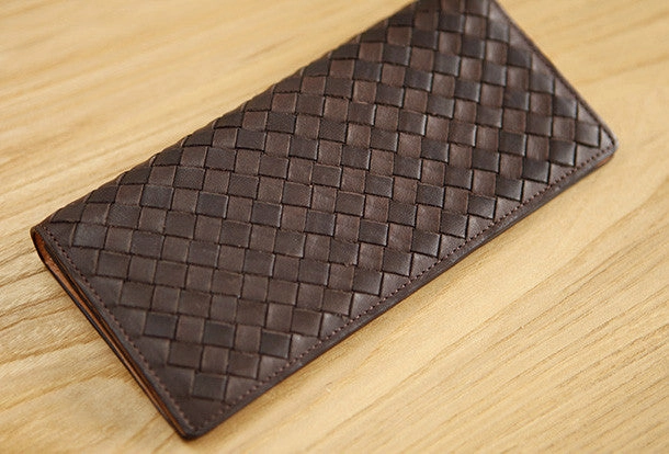 Handmade knit vintage leather clutch bag long wallet multi ID card holders slots for men