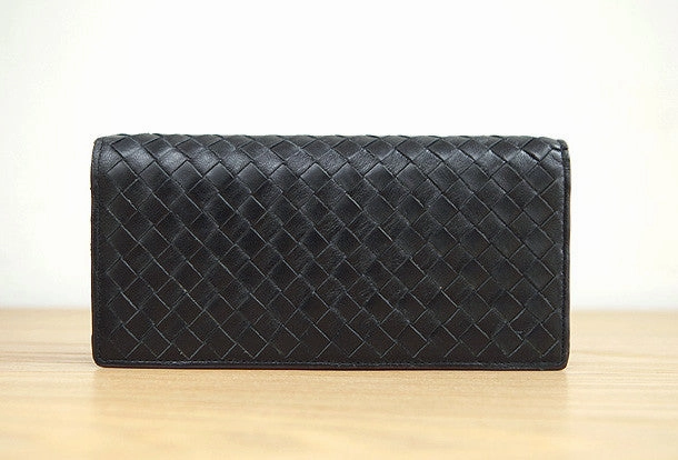Handmade knit vintage leather clutch bag long wallet multi ID card holders slots for men