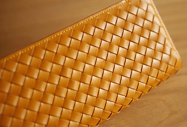 Handmade knit vintage leather clutch bag long wallet multi ID card holders slots for men