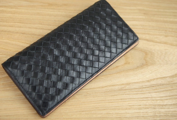 Handmade knit vintage leather clutch bag long wallet multi ID card holders slots for men
