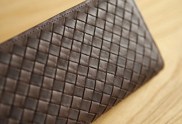 Handmade knit vintage leather clutch bag long wallet multi ID card holders slots for men