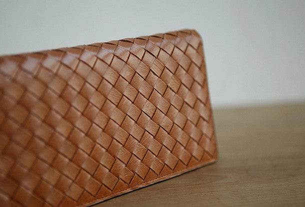 Handmade knit vintage leather clutch bag long wallet multi ID card holders slots for men