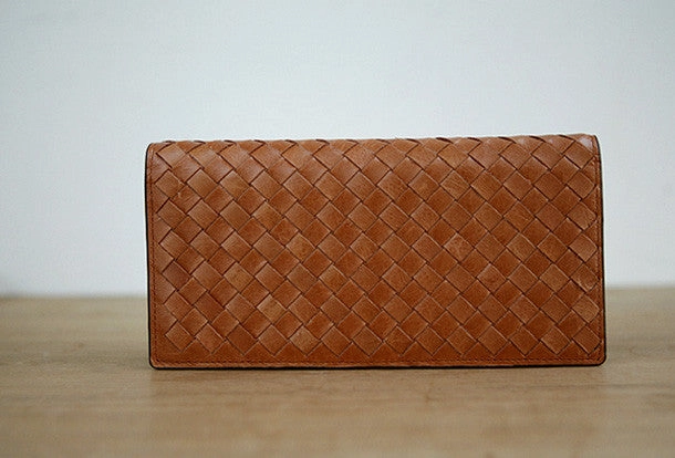 Handmade knit vintage leather clutch bag long wallet multi ID card holders slots for men