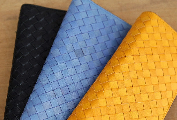 Handmade knit vintage leather clutch bag long wallet multi ID card holders slots for men