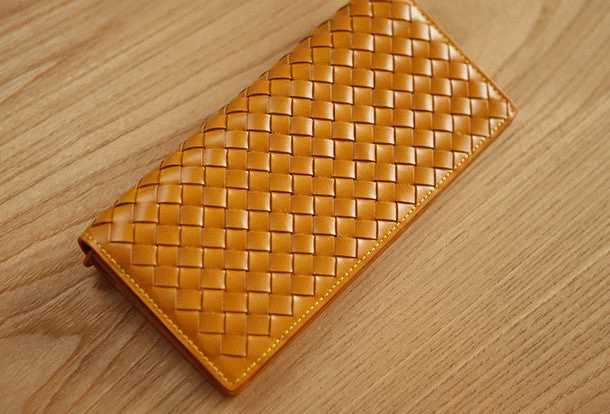 Handmade knit vintage leather clutch bag long wallet multi ID card holders slots for men