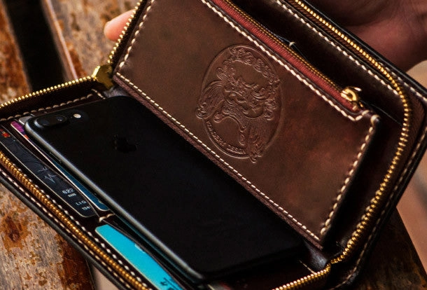 Handmade leather Acalanatha biker wallet clutch zip long wallet black leather men phone