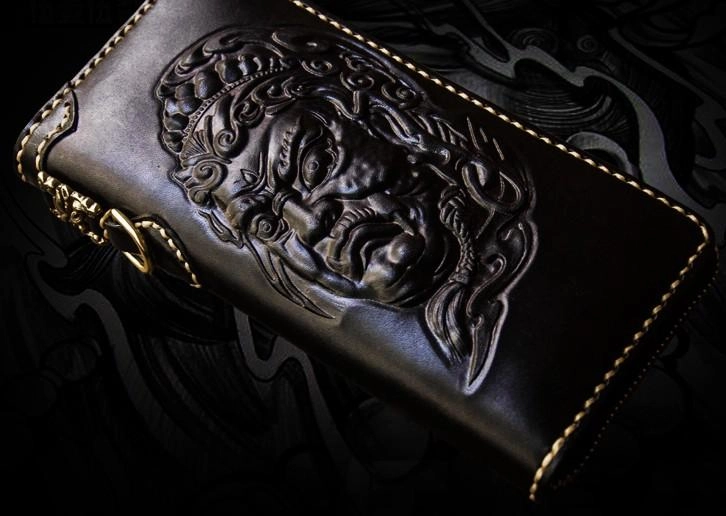 Handmade Leather Acalanatha Mens Tooled Chain Biker Wallet Cool Leather Wallet Long Clutch Wallets for Men