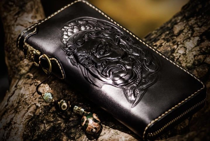 Handmade Leather Acalanatha Mens Tooled Chain Biker Wallet Cool Leather Wallet Long Clutch Wallets for Men