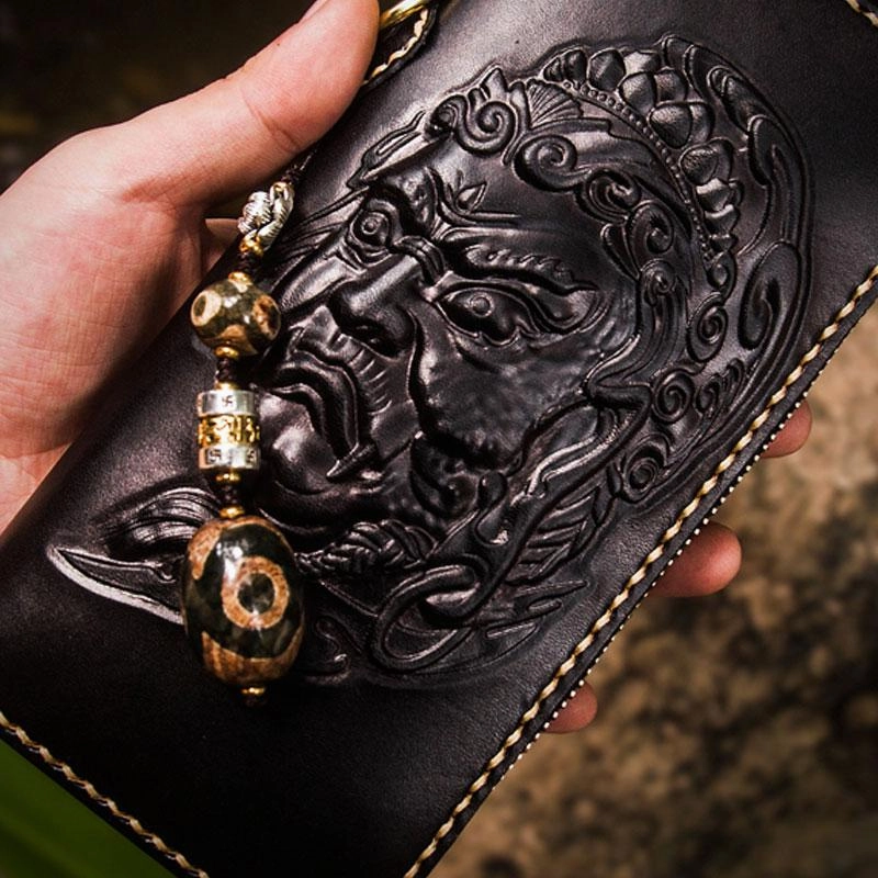 Handmade Leather Acalanatha Mens Tooled Chain Biker Wallet Cool Leather Wallet Long Clutch Wallets for Men