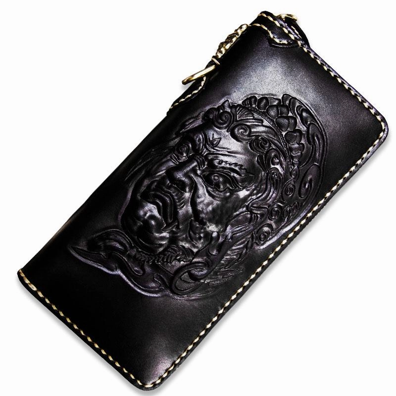Handmade Leather Acalanatha Mens Tooled Chain Biker Wallet Cool Leather Wallet Long Clutch Wallets for Men