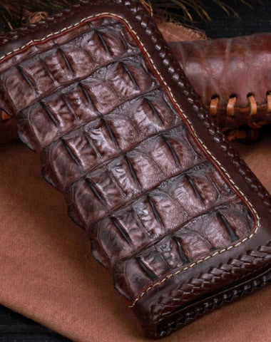 Handmade leather alligator skin long biker trucker wallet leather clutch men Black Tooled wallet