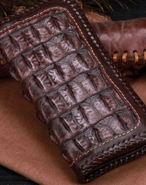 Handmade leather alligator skin long biker trucker wallet leather clutch men Black Tooled wallet