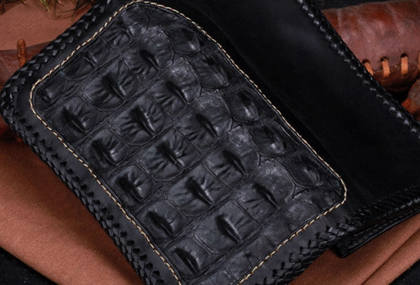 Handmade leather alligator skin long biker trucker wallet leather clutch men Black Tooled wallet