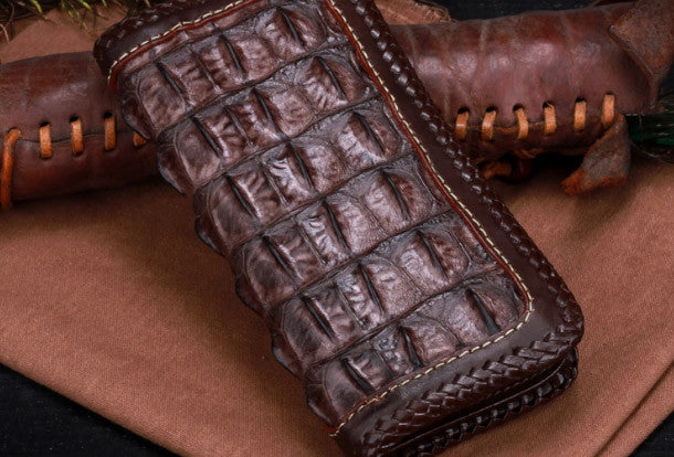 Handmade leather alligator skin long biker trucker wallet leather clutch men Black Tooled wallet