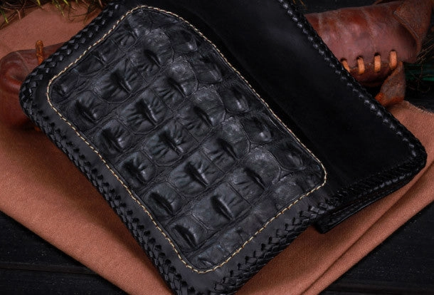 Handmade leather alligator skin long biker trucker wallet leather clutch men Black Tooled wallet