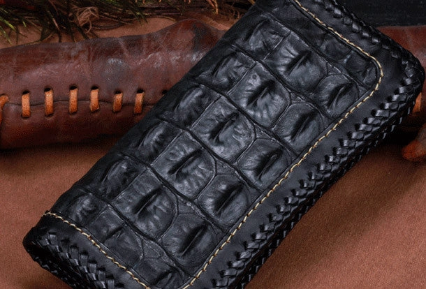 Handmade leather alligator skin long biker trucker wallet leather clutch men Black Tooled wallet