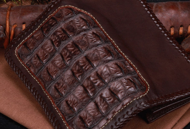 Handmade leather alligator skin long biker trucker wallet leather clutch men Black Tooled wallet
