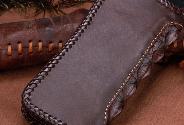 Handmade leather alligator skin long biker trucker wallet leather clutch men Black Tooled wallet