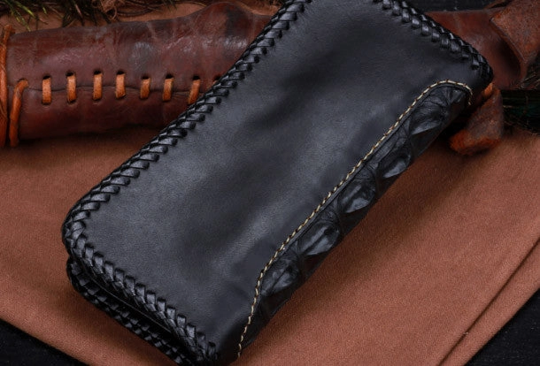 Handmade leather alligator skin long biker trucker wallet leather clutch men Black Tooled wallet