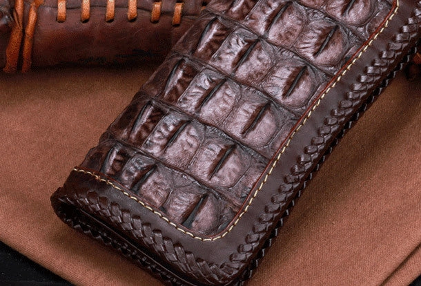 Handmade leather alligator skin long biker trucker wallet leather clutch men Black Tooled wallet