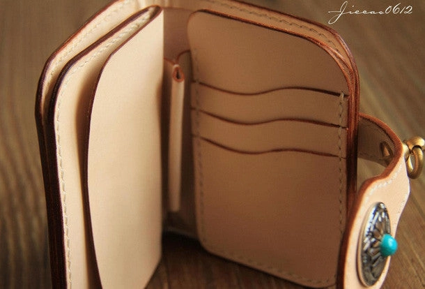 Handmade leather beige biker wallet chain bifold billfold wallet purse clutch for men