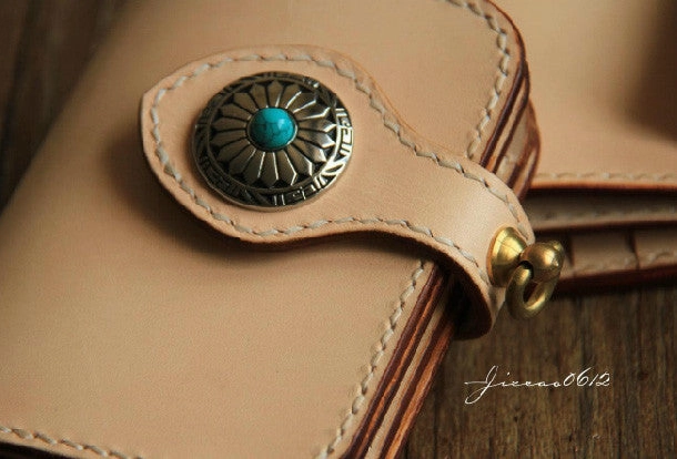 Handmade leather beige biker wallet chain bifold billfold wallet purse clutch for men