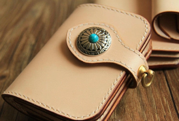Handmade leather beige biker wallet chain bifold billfold wallet purse clutch for men
