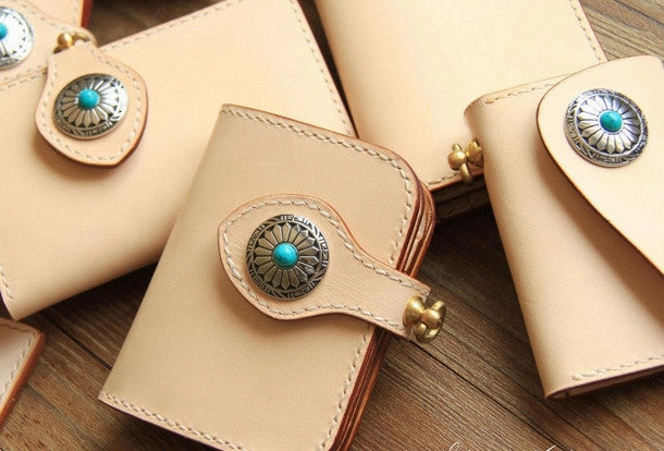 Handmade leather beige biker wallet chain bifold billfold wallet purse clutch for men