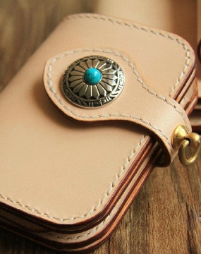 Handmade leather beige biker wallet chain bifold billfold wallet purse clutch for men