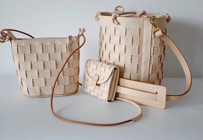 Handmade Leather Beige Braided Womens Handbag Crossbody Purse Shoulder Bag for Women