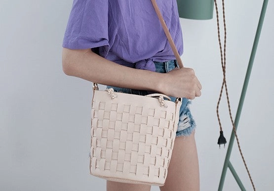 Handmade Leather Beige Braided Womens Handbag Crossbody Purse Shoulder Bag for Women