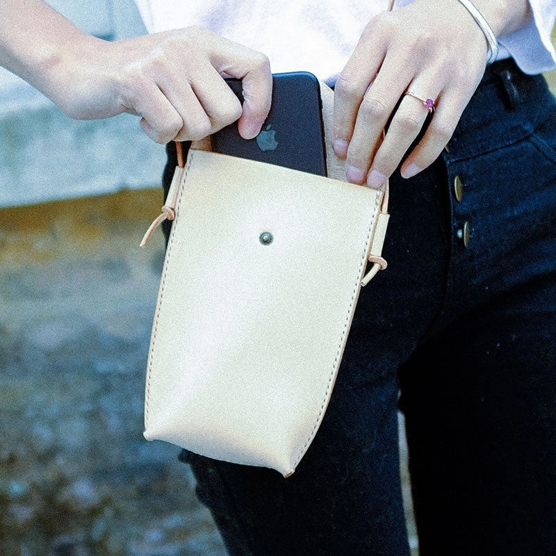 Handmade Leather Beige Womens Small Phone Crossbody Purse Shoulder Bag for Women