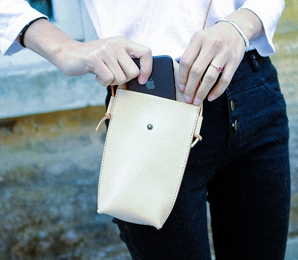 Handmade Leather Beige Womens Small Phone Crossbody Purse Shoulder Bag for Women