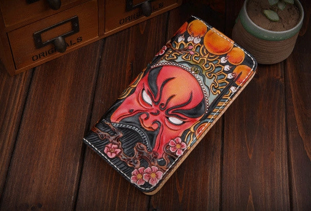 Handmade leather Beijing opera makeup general wallet leather zip men Long Clutch Tooled wallet