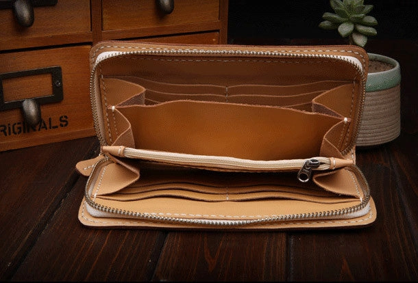Handmade leather Beijing opera makeup general wallet leather zip men Long Clutch Tooled wallet